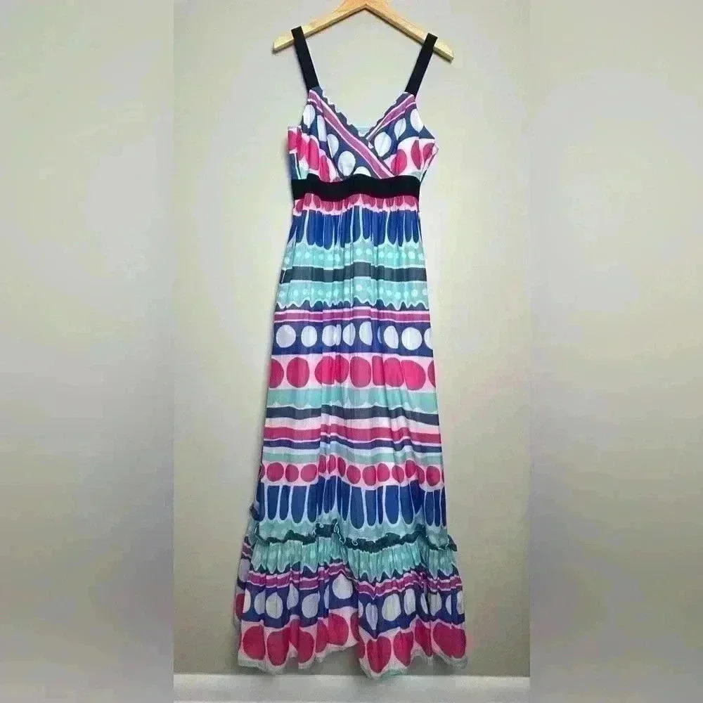 VINEYARD VINES Carolina Stripe Maxi Dress Ruffle Geometric Empire Waist Size 12